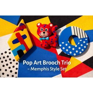 Vintage 80s Memphis Milano Inspired Abstract Trio Art Brooch Collection Pop Art